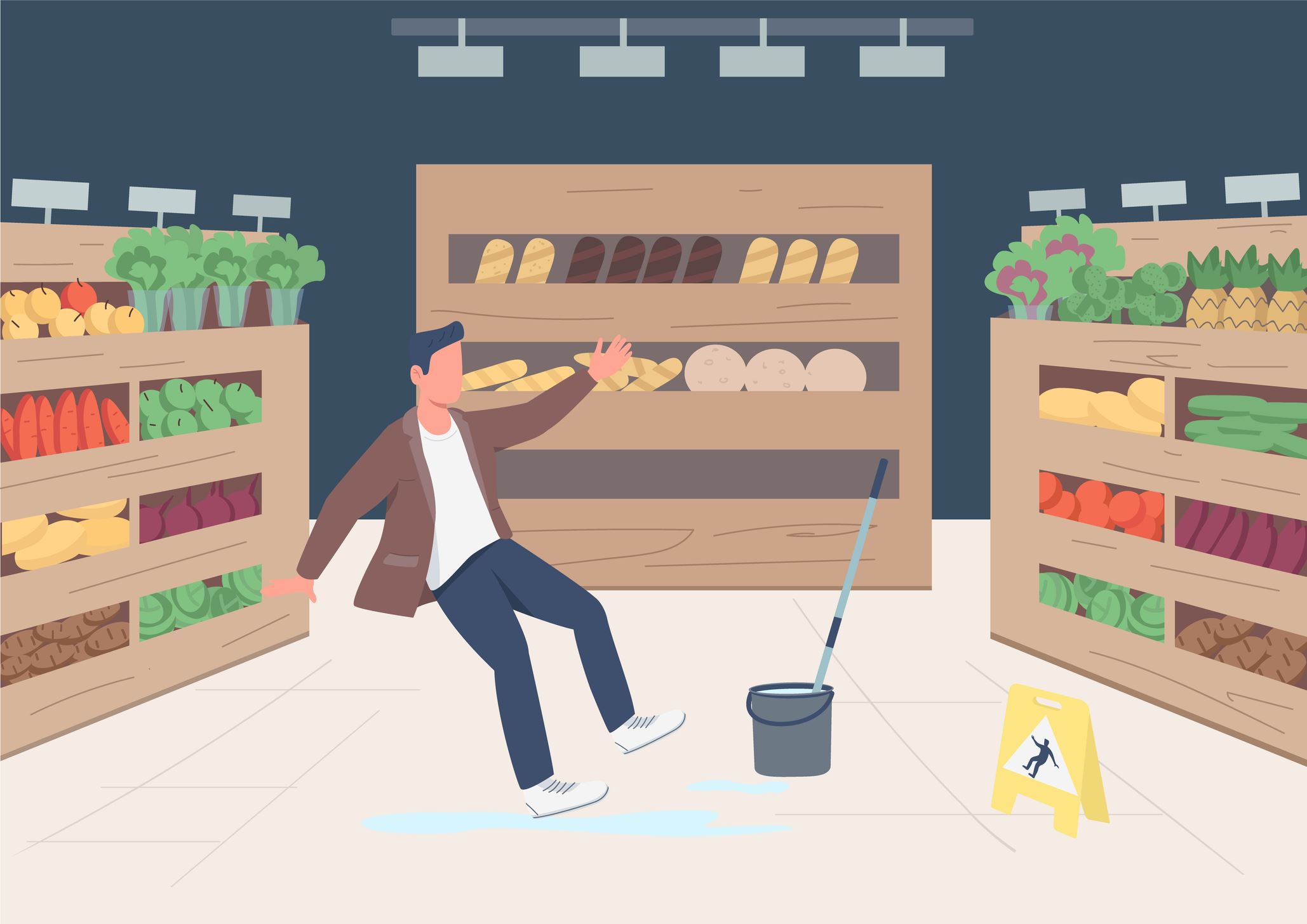 cartoon of a man slipping in a supermarket